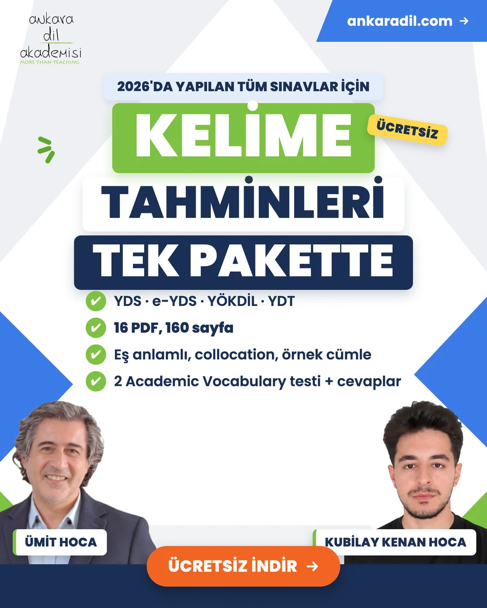 Ücretsiz 2026 Kelime Tahminleri: YDS, e-YDS, YÖKDİL ve YDT için 16 PDF, 160 sayfa – Ümit Hoca ve Kubilay Kenan Hoca